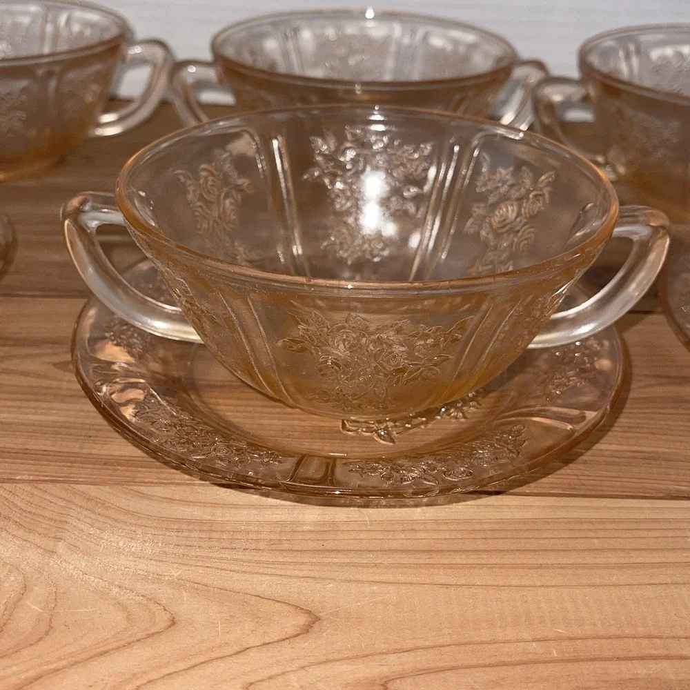 1930's Federal Pink Glass Cabbage Rose Set of 6 Dessert Bowls & Plates  VINTAGE